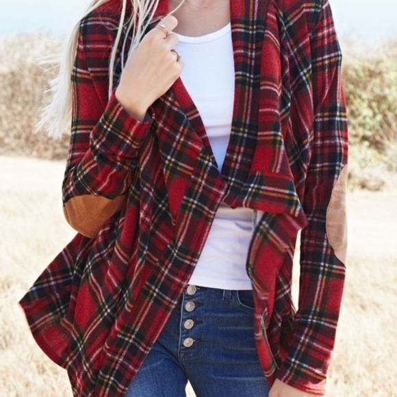 🔴HP Plaid waterfall cardigan suede elbow patches - Picture 2 of 6